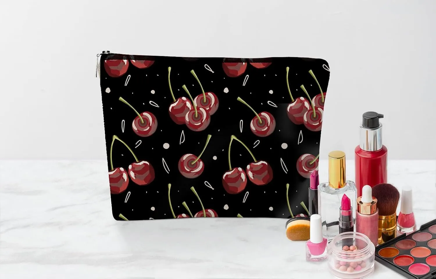 EXUQO Cherry Makeup Bag,Black Red Cherry Zipper Cosmetic Pouch Travel Bag,Aesthetic Small Makeup Bag Gifts for Teen Girls Women