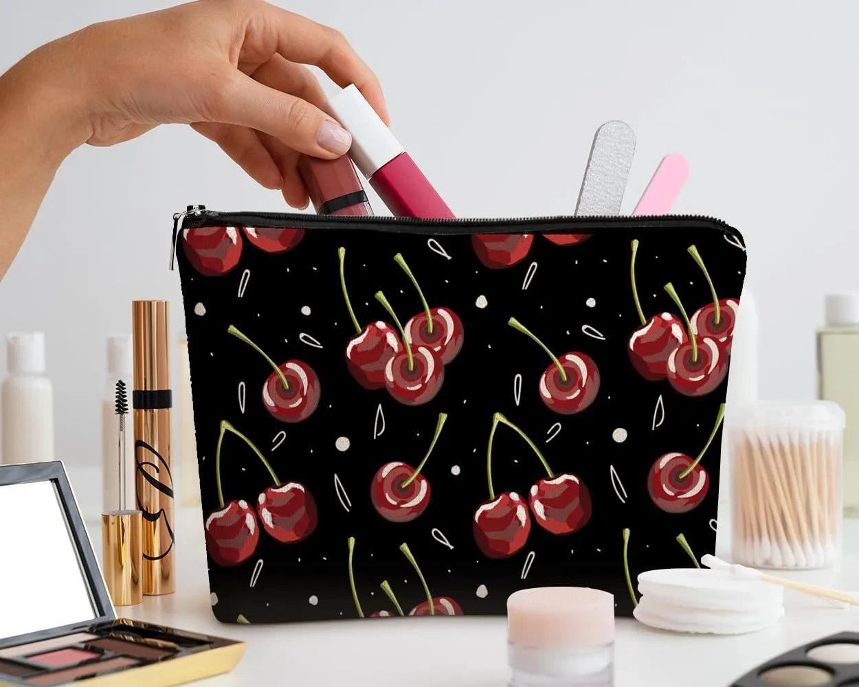 EXUQO Cherry Makeup Bag,Black Red Cherry Zipper Cosmetic Pouch Travel Bag,Aesthetic Small Makeup Bag Gifts for Teen Girls Women