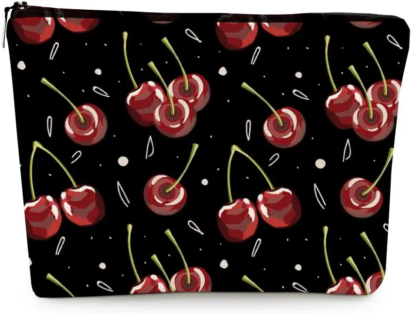 EXUQO Cherry Makeup Bag,Black Red Cherry Zipper Cosmetic Pouch Travel Bag,Aesthetic Small Makeup Bag Gifts for Teen Girls Women