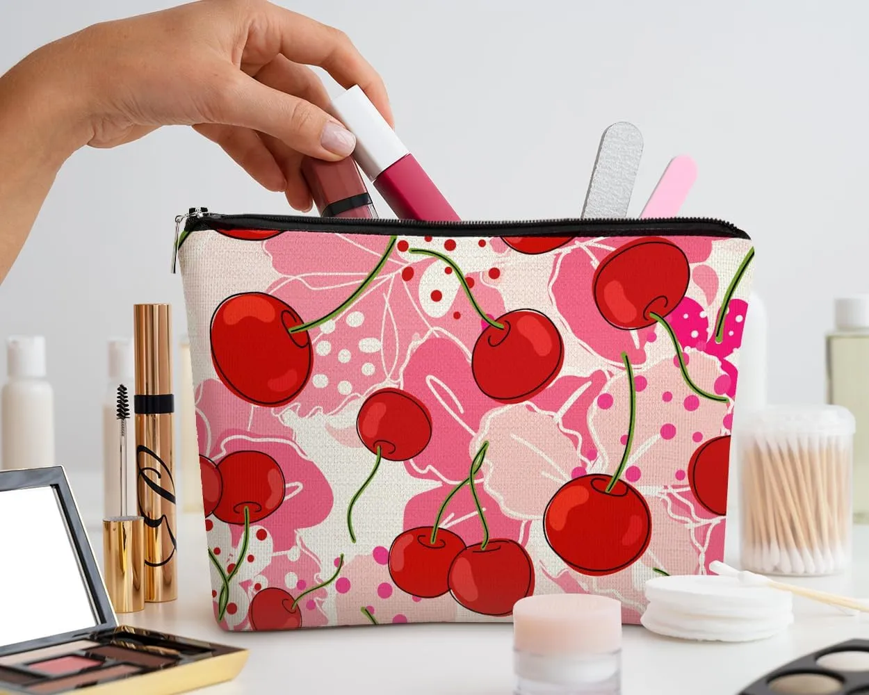 EXUQO Cherry Makeup Bag,Red Cherry Zipper Cosmetic Pouch Travel Bag,Preppy Aesthetic Trendy Small Makeup Bag Gifts for Teen Girls Women