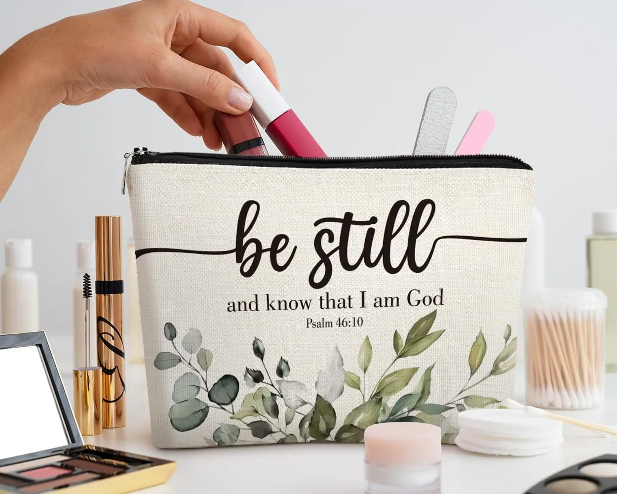 EXUQO Christian Inspirational Be Still and Know that I am God Makeup Bag,PSALM 46:10 Bible Cosmetic Bag for Women,Zipper Pouch Bag Travel Bag