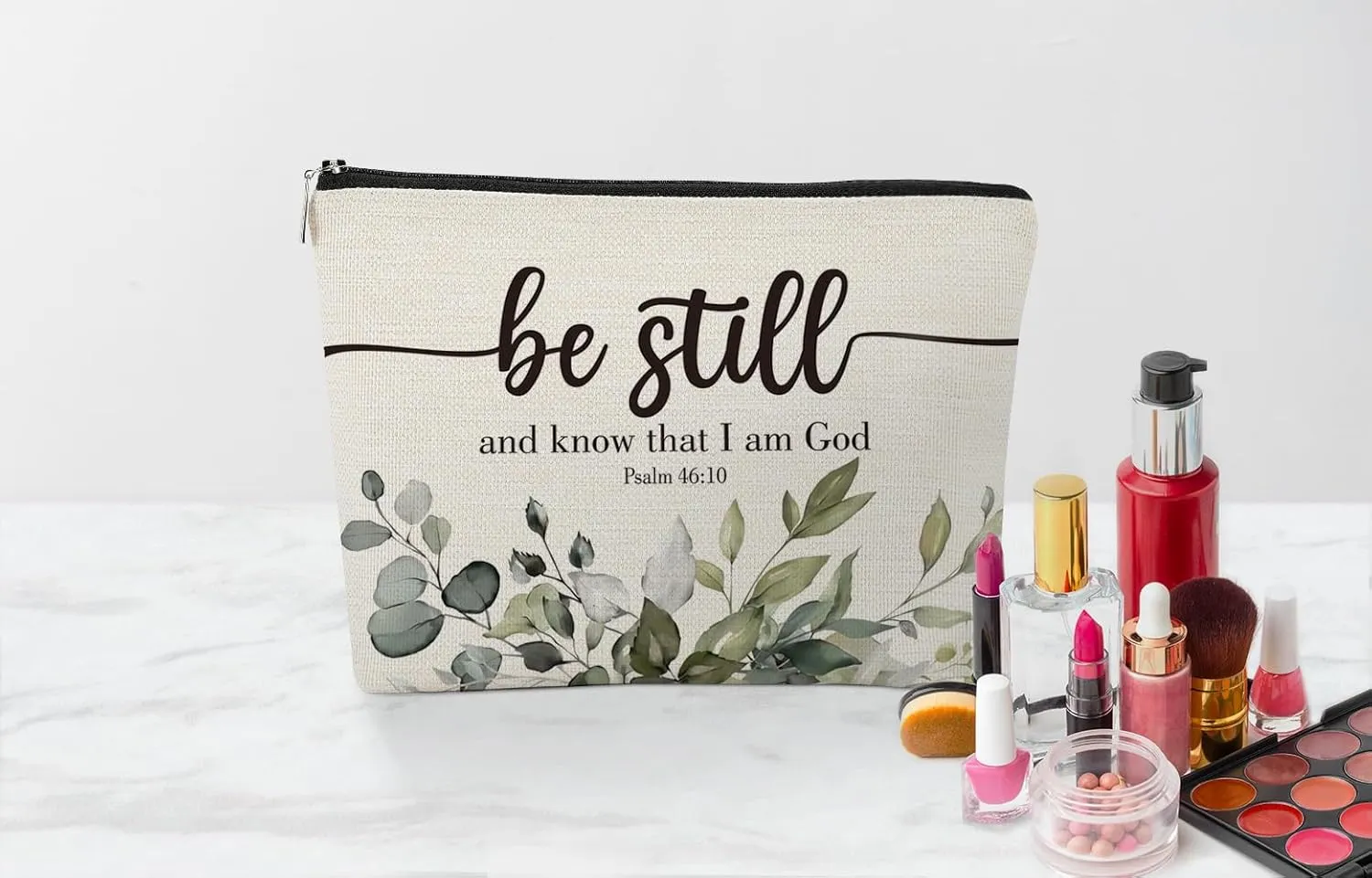 EXUQO Christian Inspirational Be Still and Know that I am God Makeup Bag,PSALM 46:10 Bible Cosmetic Bag for Women,Zipper Pouch Bag Travel Bag