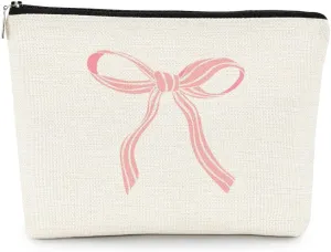 EXUQO Coquette Pink Bow Preppy Small Makeup Bag,Trendy Teen Girls Gifts,Pink Bow Pouch Bag Gift for Women Sister Friend,Funky Zipper Travel Toiletry Aesthetic Cosmetic Bag