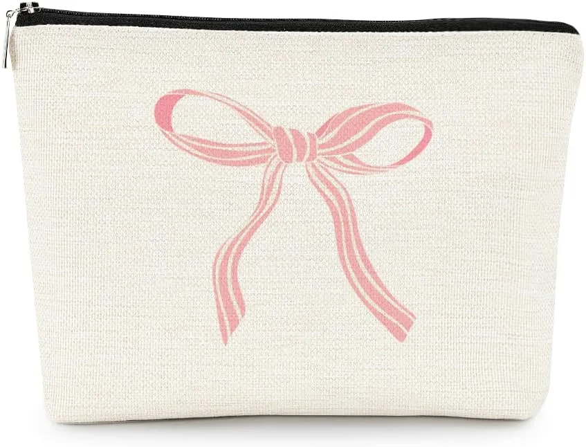 EXUQO Coquette Pink Bow Preppy Small Makeup Bag,Trendy Teen Girls Gifts,Pink Bow Pouch Bag Gift for Women Sister Friend,Funky Zipper Travel Toiletry Aesthetic Cosmetic Bag