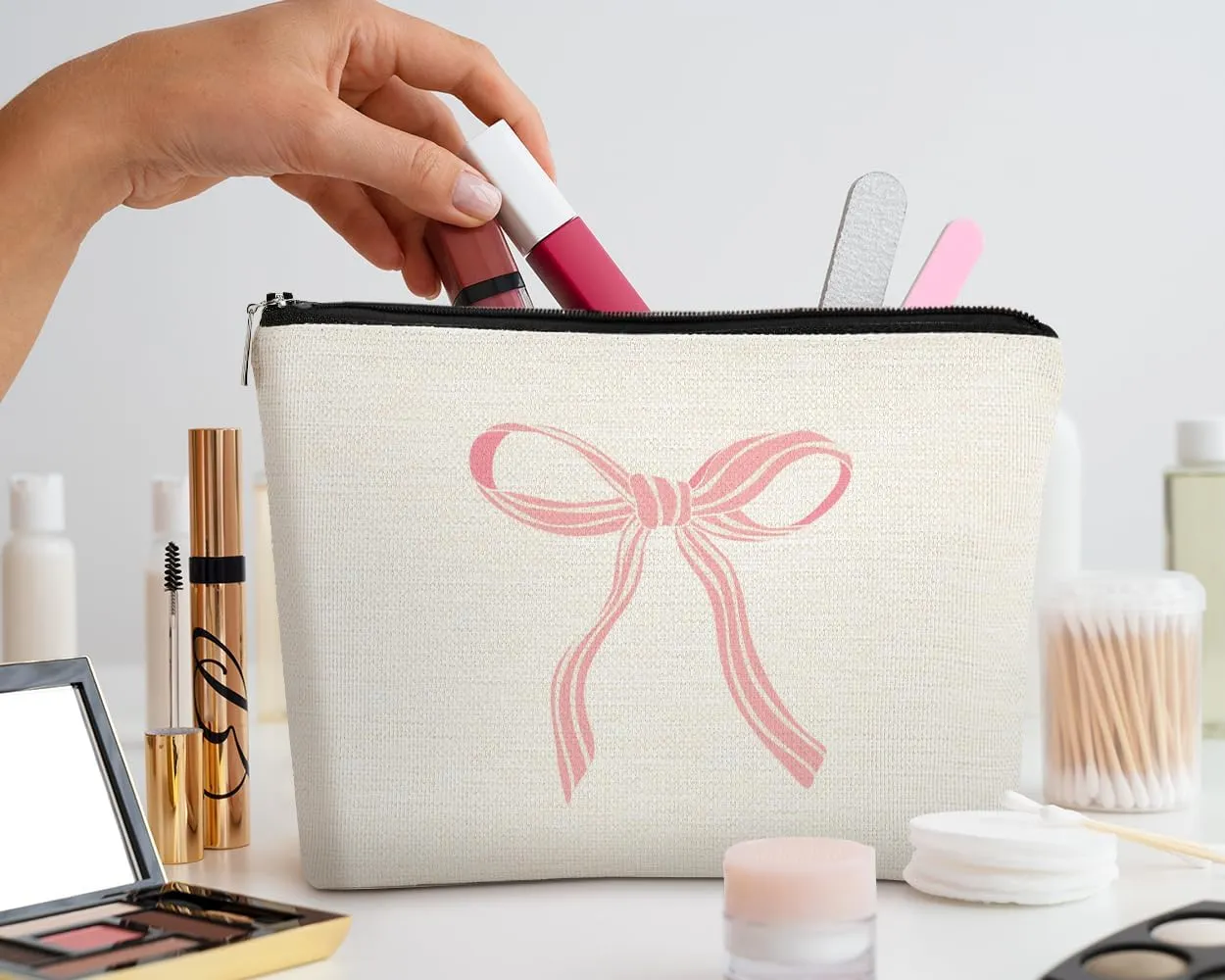 EXUQO Coquette Pink Bow Preppy Small Makeup Bag,Trendy Teen Girls Gifts,Pink Bow Pouch Bag Gift for Women Sister Friend,Funky Zipper Travel Toiletry Aesthetic Cosmetic Bag