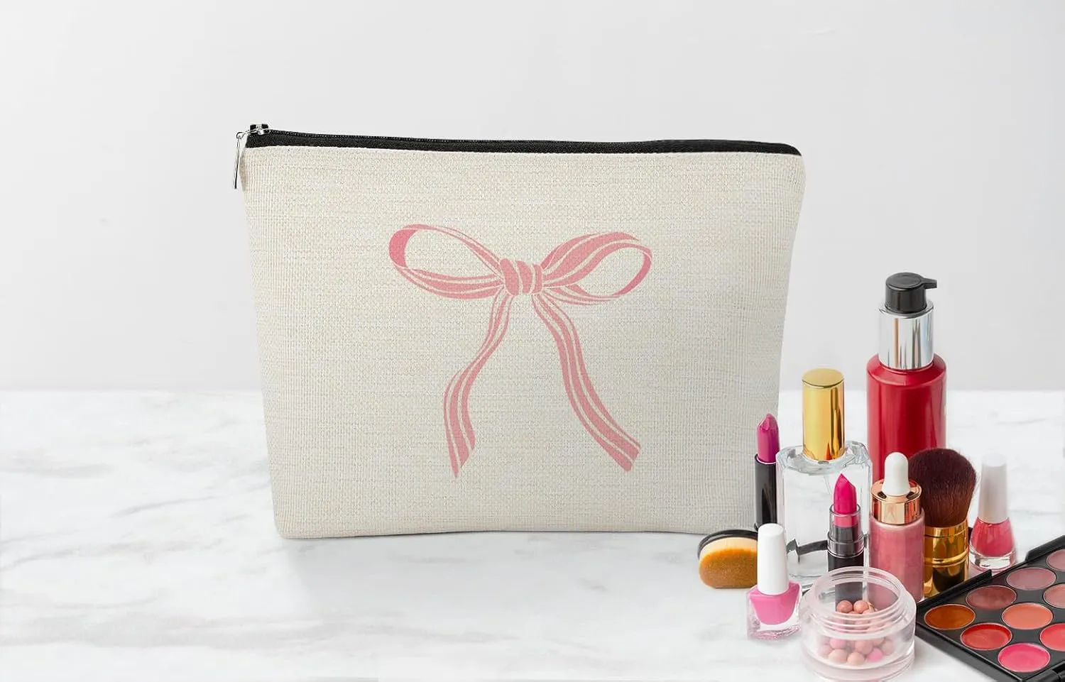 EXUQO Coquette Pink Bow Preppy Small Makeup Bag,Trendy Teen Girls Gifts,Pink Bow Pouch Bag Gift for Women Sister Friend,Funky Zipper Travel Toiletry Aesthetic Cosmetic Bag