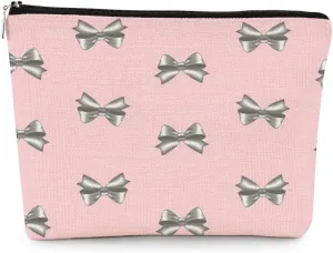 EXUQO Coquette Pink Bow Small Makeup Bags,Trendy Pink Preppy Pouch Bag Gift for Teen Girls Women,Zipper Travel Toiletry Cosmetic Bag,Funky Aesthetic Makeup Bag