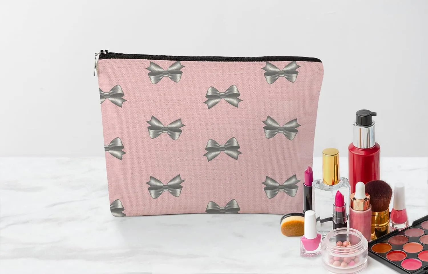 EXUQO Coquette Pink Bow Small Makeup Bags,Trendy Pink Preppy Pouch Bag Gift for Teen Girls Women,Zipper Travel Toiletry Cosmetic Bag,Funky Aesthetic Makeup Bag