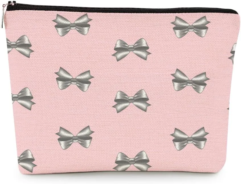 EXUQO Coquette Pink Bow Small Makeup Bags,Trendy Pink Preppy Pouch Bag Gift for Teen Girls Women,Zipper Travel Toiletry Cosmetic Bag,Funky Aesthetic Makeup Bag