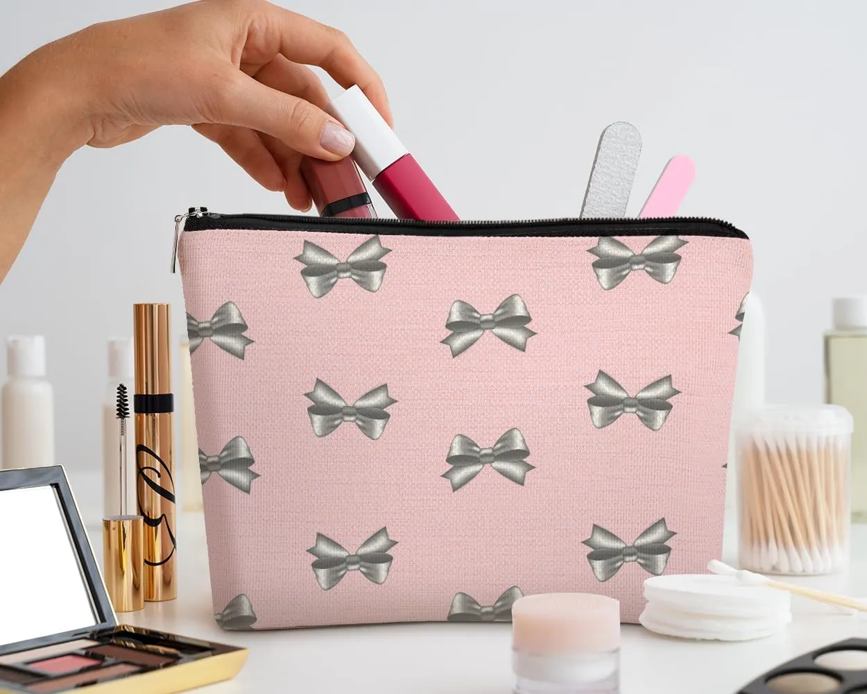EXUQO Coquette Pink Bow Small Makeup Bags,Trendy Pink Preppy Pouch Bag Gift for Teen Girls Women,Zipper Travel Toiletry Cosmetic Bag,Funky Aesthetic Makeup Bag
