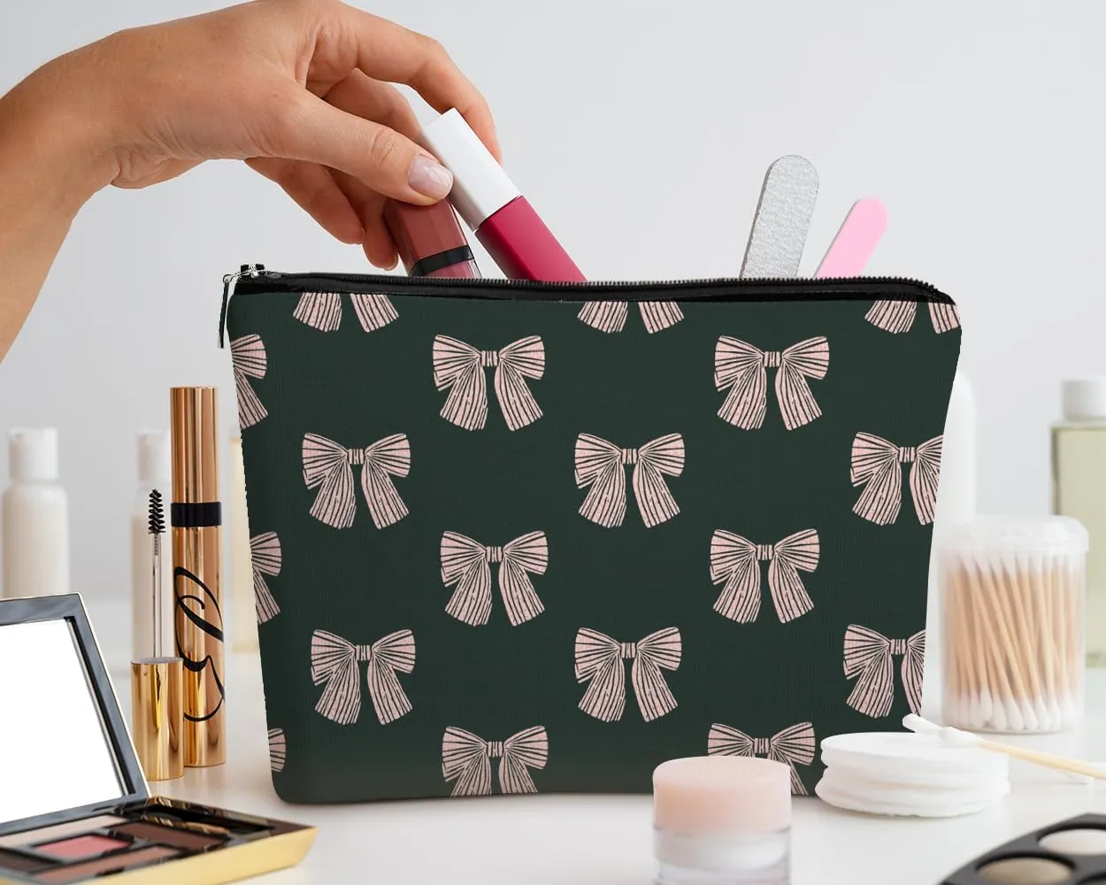 EXUQO Coquette Pink Bow Small Makeup Bag,Teen Girls Gifts,Trendy Pouch Bag Gift for Mother Sister Friend,Preppy Zipper Travel Toiletry Cosmetic Bag,Birthday Gift