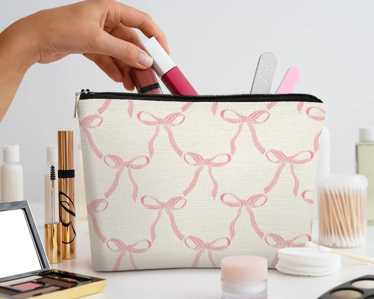 EXUQO Coquette Preppy Small Makeup Bag,Trendy Teen Girls Gifts,Pink Bow Pouch Bag Gift for Women,Funky Zipper Travel Toiletry Aesthetic Cosmetic Bag