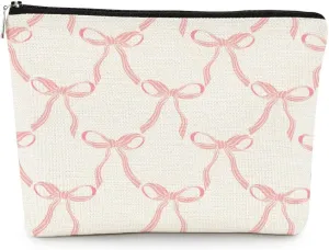 EXUQO Coquette Preppy Small Makeup Bag,Trendy Teen Girls Gifts,Pink Bow Pouch Bag Gift for Women,Funky Zipper Travel Toiletry Aesthetic Cosmetic Bag