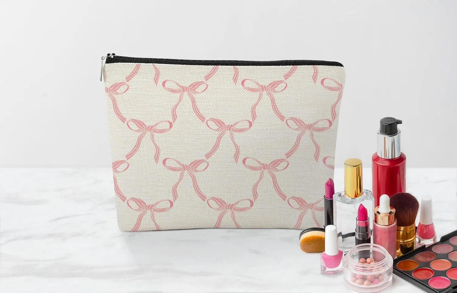 EXUQO Coquette Preppy Small Makeup Bag,Trendy Teen Girls Gifts,Pink Bow Pouch Bag Gift for Women,Funky Zipper Travel Toiletry Aesthetic Cosmetic Bag