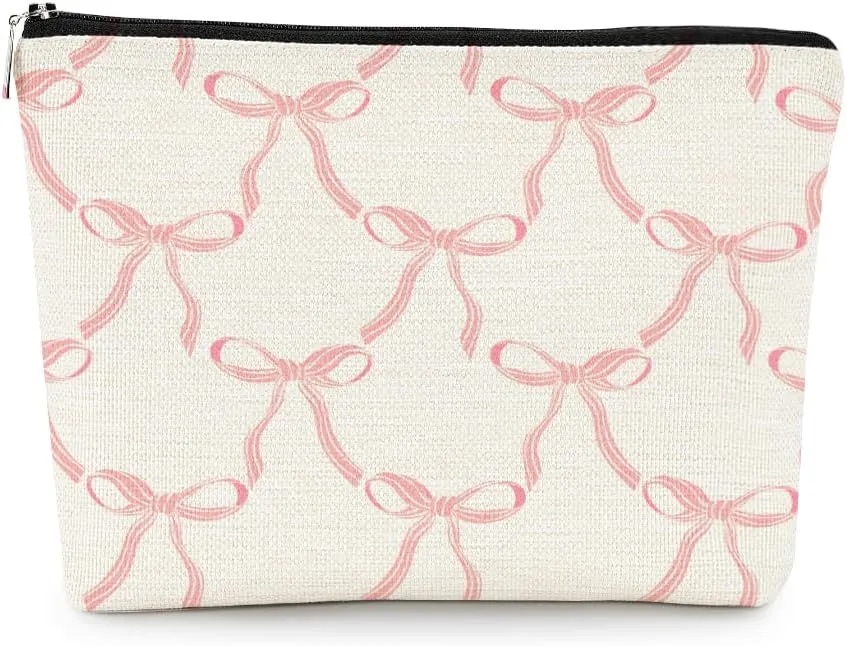 EXUQO Coquette Preppy Small Makeup Bag,Trendy Teen Girls Gifts,Pink Bow Pouch Bag Gift for Women,Funky Zipper Travel Toiletry Aesthetic Cosmetic Bag