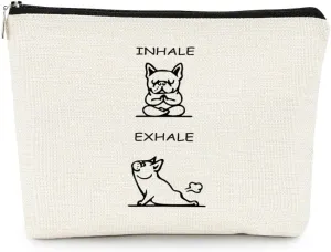 EXUQO Dog Small Makeup Bag Gifts for Women,Bulldog Lover Gift,Inhale Exhale Funny Yoga Themed Cosmetic Pouch,Gifts for French Bulldog Dog Lovers