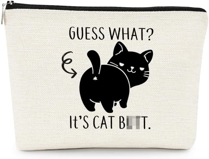 EXUQO Funny Cat Small Makeup Bag,Cat Mom Owner Gifts,Black Cute Cat Lovers Gifts for Women Teen Girls,Guess What Zipper Travel Toiletry Bag Cat Cosmetic Bag