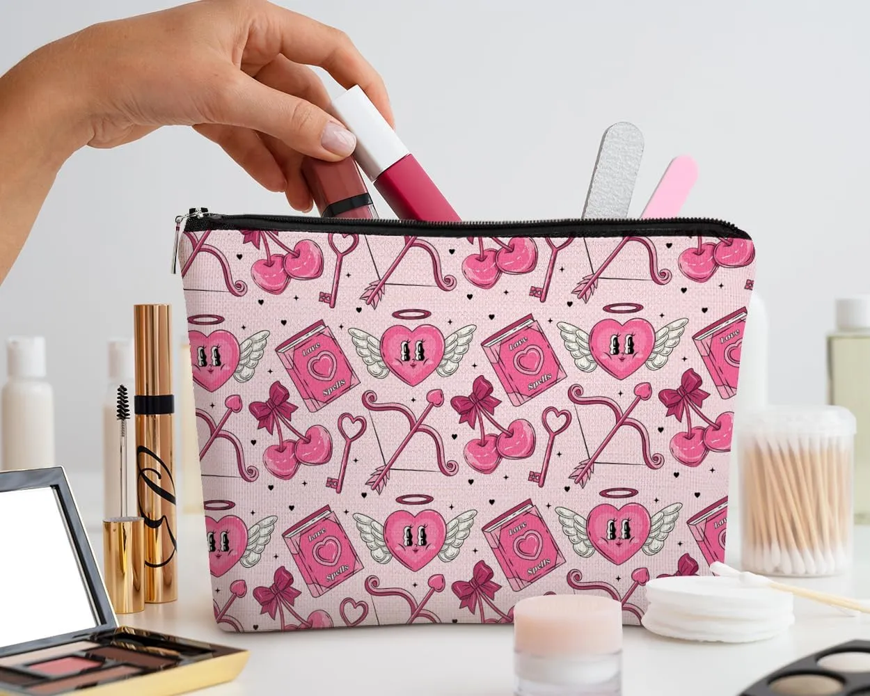 EXUQO Pink Love Cherry Small Makeup Bags,Preppy Pouch Bag Gift for Teen Girls Women,Zipper Travel Toiletry Cosmetic Bag,Funky Aesthetic Makeup Bag