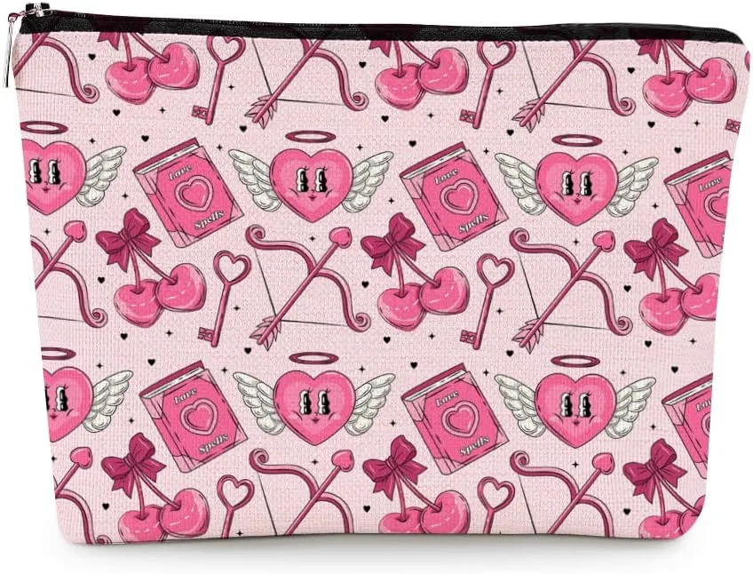 EXUQO Pink Love Cherry Small Makeup Bags,Preppy Pouch Bag Gift for Teen Girls Women,Zipper Travel Toiletry Cosmetic Bag,Funky Aesthetic Makeup Bag