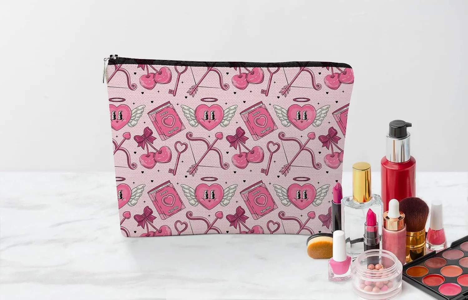 EXUQO Pink Love Cherry Small Makeup Bags,Preppy Pouch Bag Gift for Teen Girls Women,Zipper Travel Toiletry Cosmetic Bag,Funky Aesthetic Makeup Bag