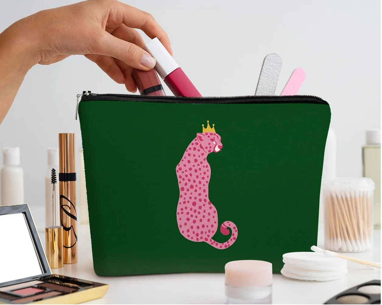 EXUQO Preppy Pink Cheetah Small Makeup Bag,Retro Green Cosmetic Bag,Teen Girl Gifts,Birthday Gifts for Friends Sisters Coworkers,Leopard Makeup Pouch