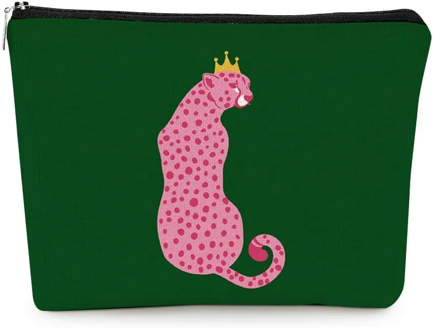 EXUQO Preppy Pink Cheetah Small Makeup Bag,Retro Green Cosmetic Bag,Teen Girl Gifts,Birthday Gifts for Friends Sisters Coworkers,Leopard Makeup Pouch
