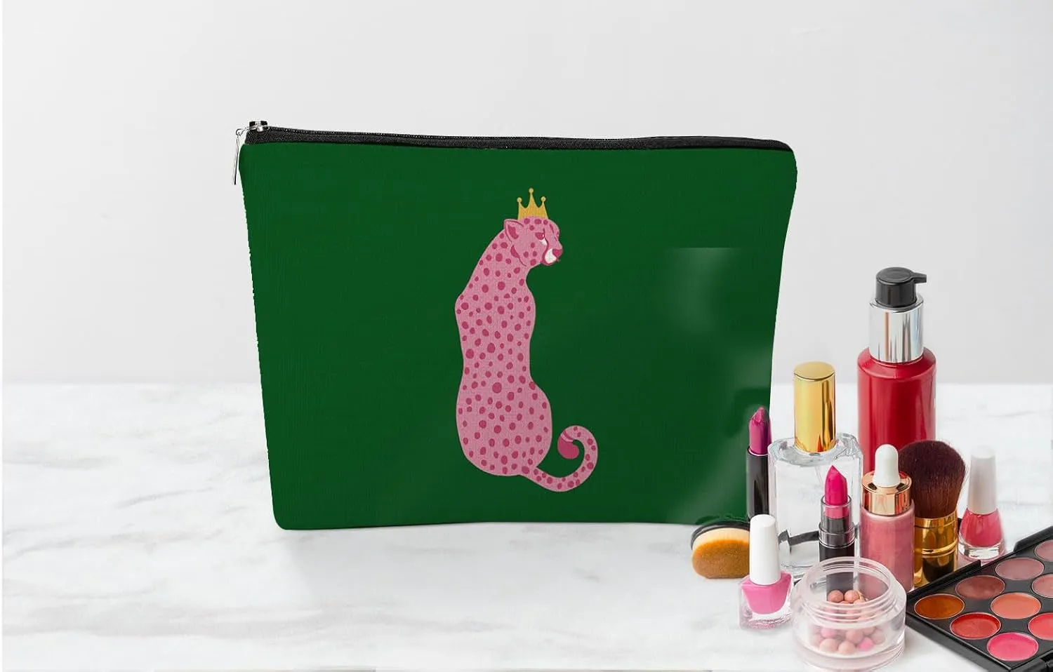 EXUQO Preppy Pink Cheetah Small Makeup Bag,Retro Green Cosmetic Bag,Teen Girl Gifts,Birthday Gifts for Friends Sisters Coworkers,Leopard Makeup Pouch
