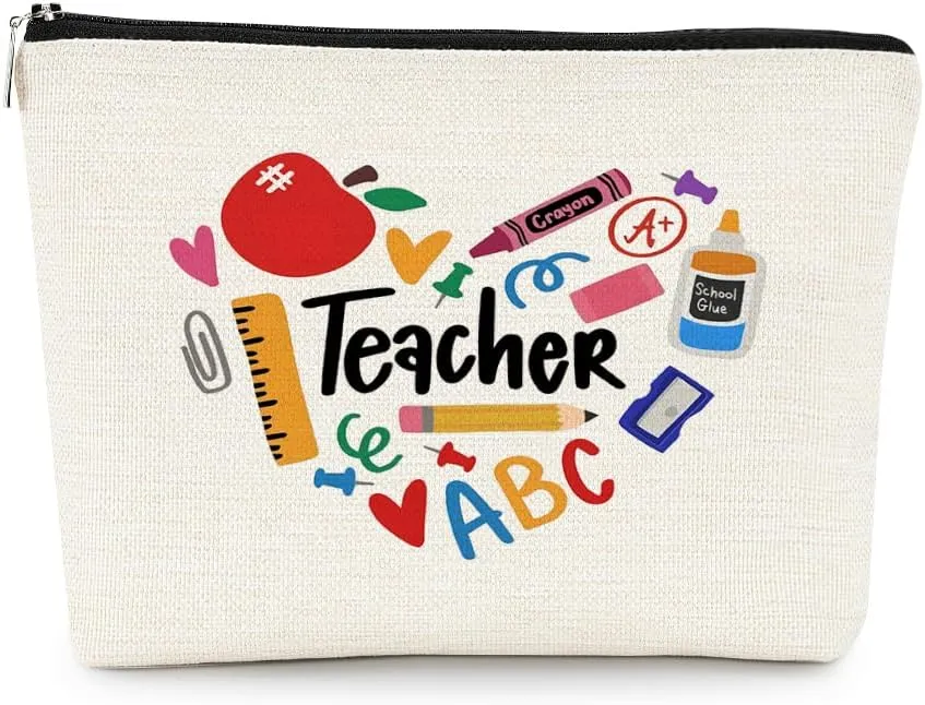 EXUQO Teacher Makeup Bag - Multicolor Letter Print Cosmetic Bag, 7.5 x 10 Inches, Zipper Closure, Travel, Teacher Gift