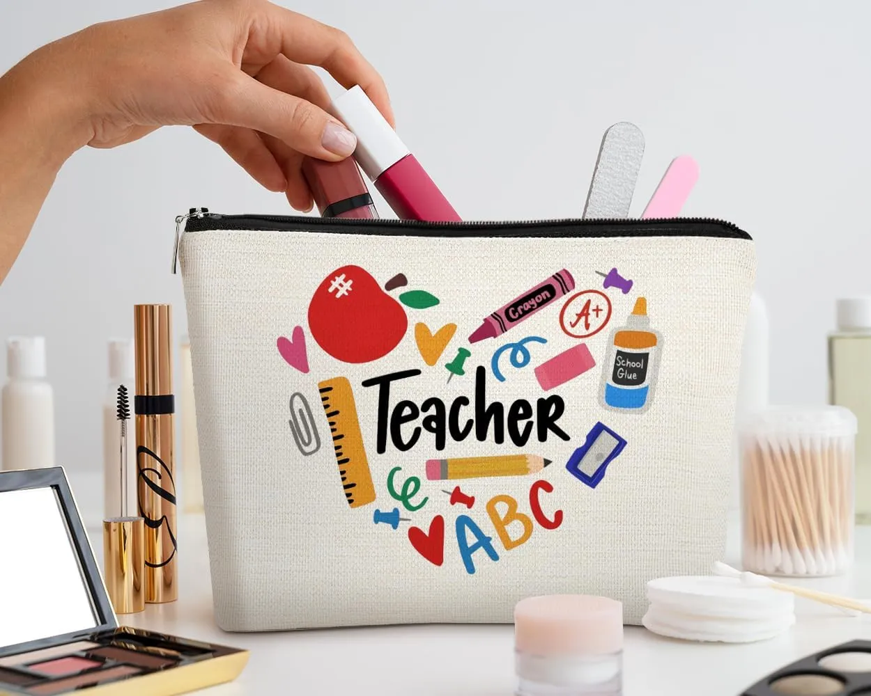 EXUQO Teacher Makeup Bag - Multicolor Letter Print Cosmetic Bag, 7.5 x 10 Inches, Zipper Closure, Travel, Teacher Gift