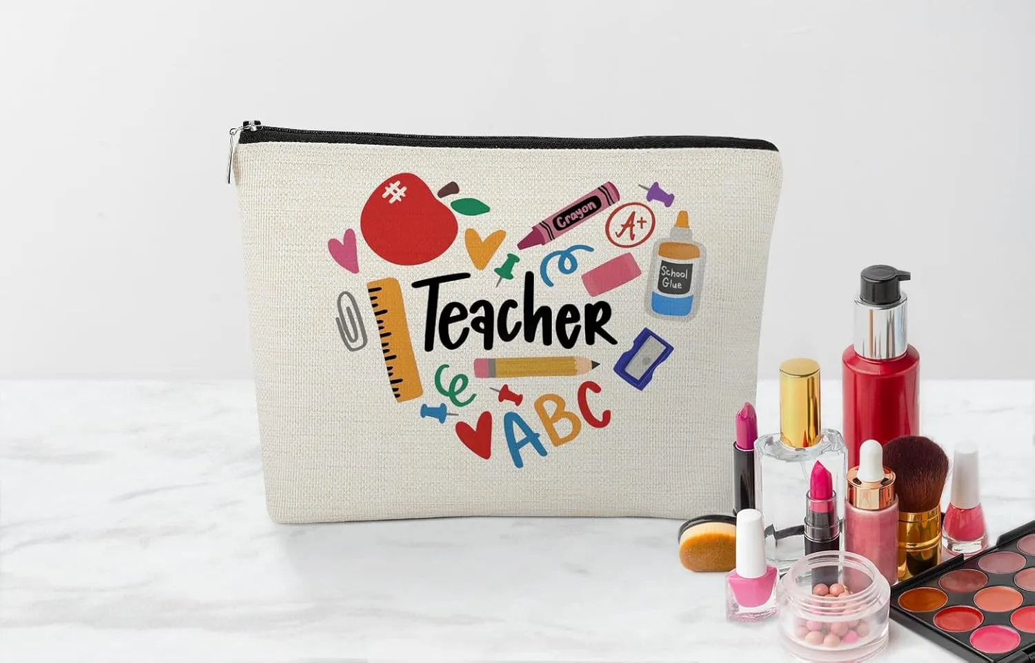 EXUQO Teacher Makeup Bag - Multicolor Letter Print Cosmetic Bag, 7.5 x 10 Inches, Zipper Closure, Travel, Teacher Gift