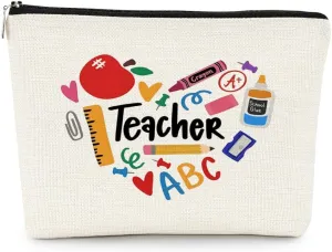 EXUQO Teacher Makeup Bag - Multicolor Letter Print Cosmetic Bag, 7.5 x 10 Inches, Zipper Closure, Travel, Teacher Gift