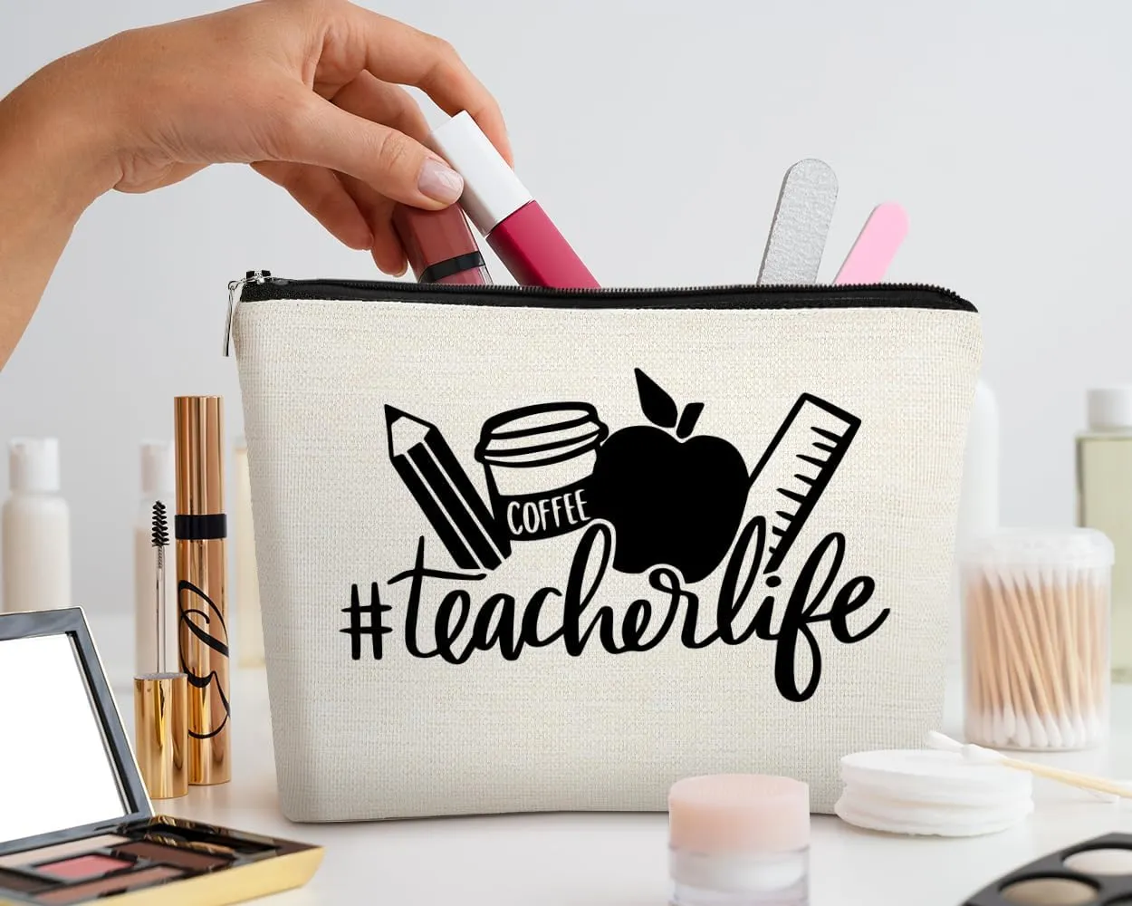 EXUQO Teacher Makeup Bag Teacher Gifts,Small Makeup Bag Appreciation Thank You Gifts for Teacher,Teachers Day Gift,Teacher Life Travel Toiletry with Zipper Cosmetic Bag