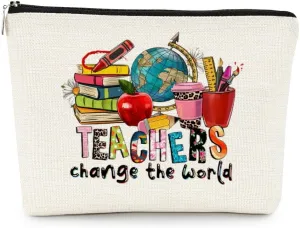 EXUQO Teachers Change the World Makeup Bag Teacher Gifts,Small Makeup Bag Appreciation Thank You Gifts for Teacher,Teachers Day Gift,Birthday Gift Cosmetic Bag Organizer
