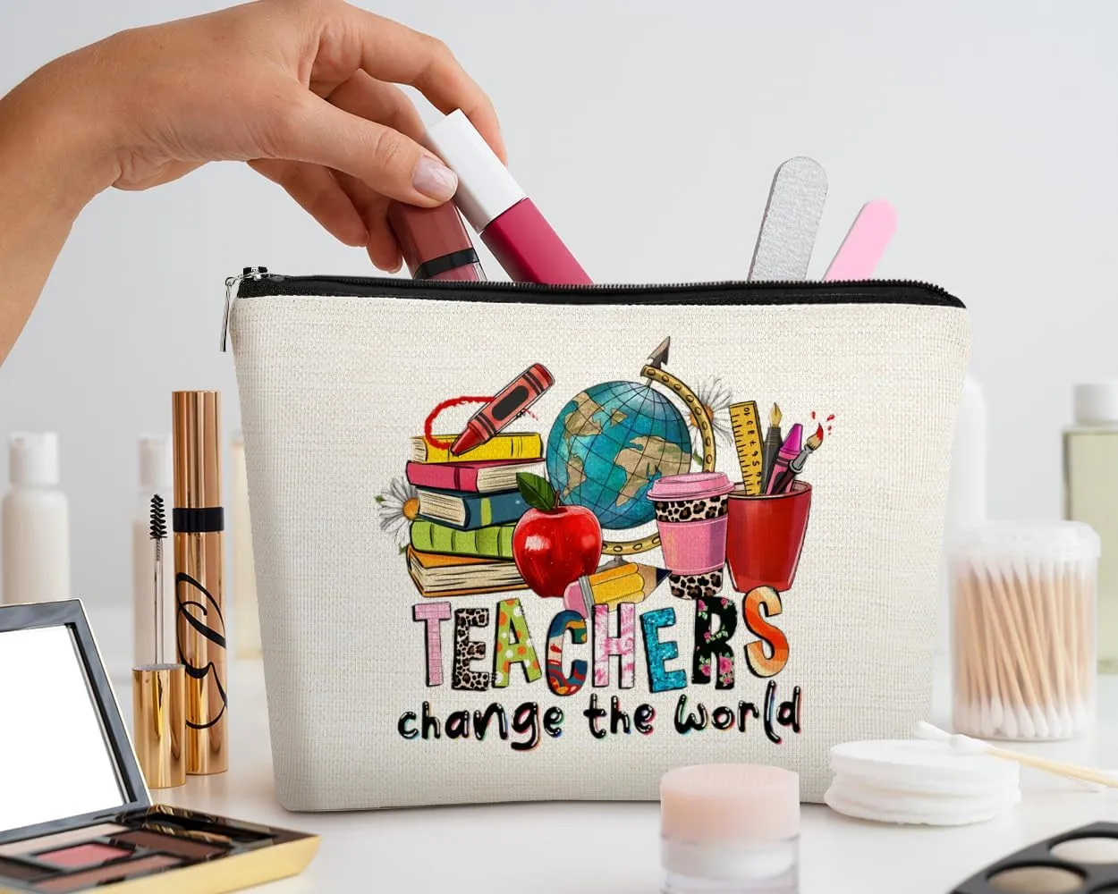 EXUQO Teachers Change the World Makeup Bag Teacher Gifts,Small Makeup Bag Appreciation Thank You Gifts for Teacher,Teachers Day Gift,Birthday Gift Cosmetic Bag Organizer