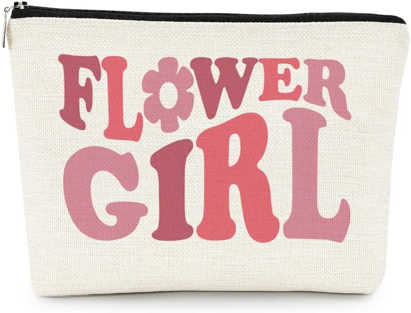 EXUQO Wedding Bridesmaid Gifts,Flower Girl Makeup Bag,Junior Bridesmaid Gifts,Pink Bridal Party Cosmetic Bag,Wedding Souvenir Gift,Zipper Pouch Bag Travel Bag