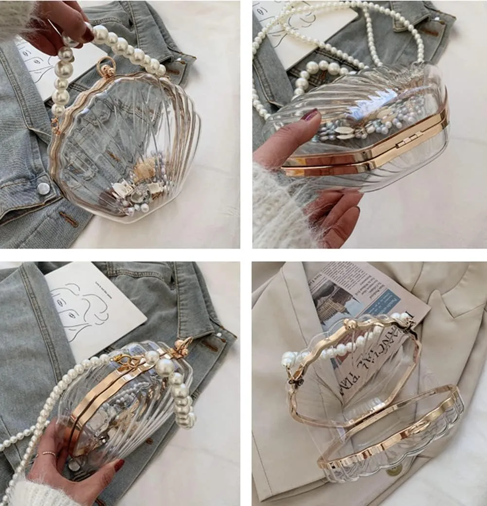 Fairy Shell Purse for Women Evening Bag Clear Handbag Chic Bright Pearl Purse Beach Clutch Shoulder Bags