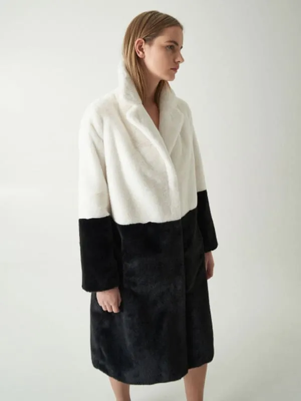Faux Fur Coats For Women Turndown Collar Long Sleeves Casual Two Tone Stretch V Neck White Long Coat