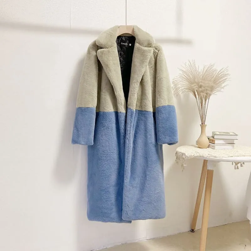 Faux Fur Coats For Women Turndown Collar Long Sleeves Casual Two Tone Stretch V Neck White Long Coat