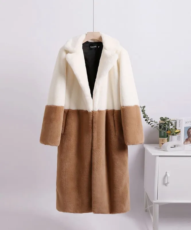 Faux Fur Coats For Women Turndown Collar Long Sleeves Casual Two Tone Stretch V Neck White Long Coat