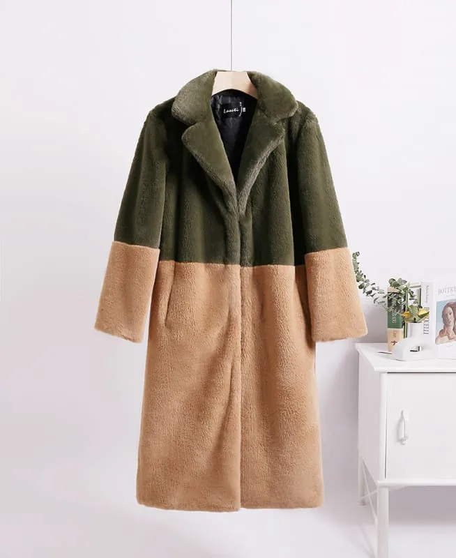 Faux Fur Coats For Women Turndown Collar Long Sleeves Casual Two Tone Stretch V Neck White Long Coat