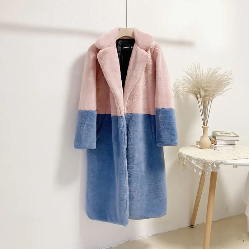 Faux Fur Coats For Women Turndown Collar Long Sleeves Casual Two Tone Stretch V Neck White Long Coat