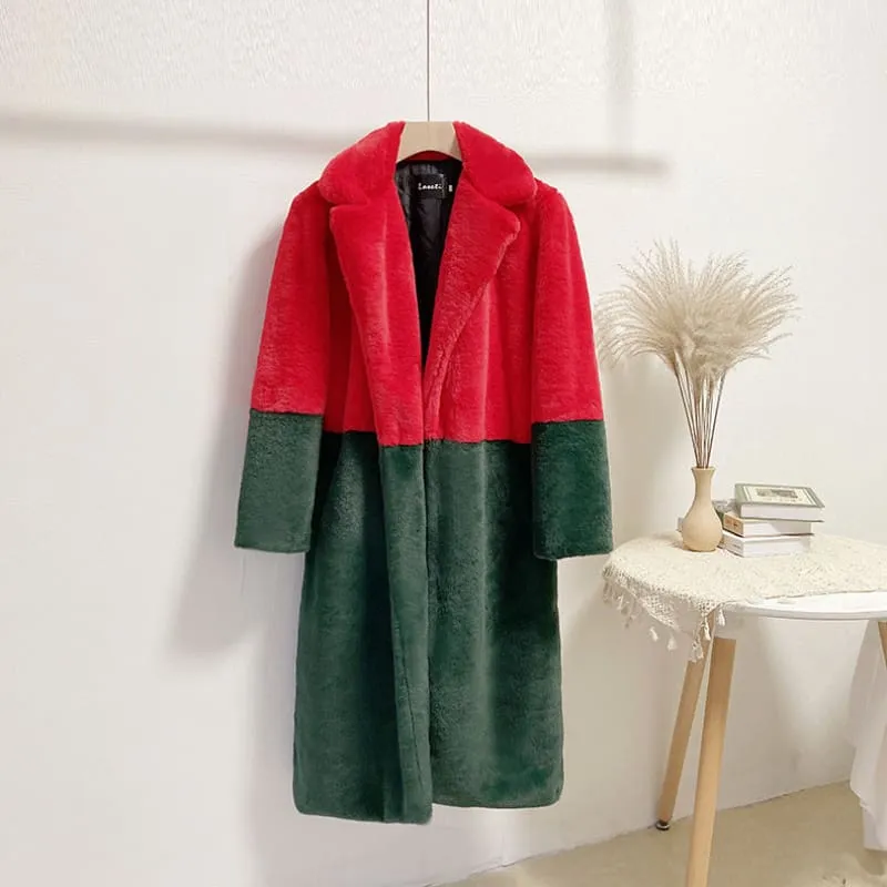 Faux Fur Coats For Women Turndown Collar Long Sleeves Casual Two Tone Stretch V Neck White Long Coat