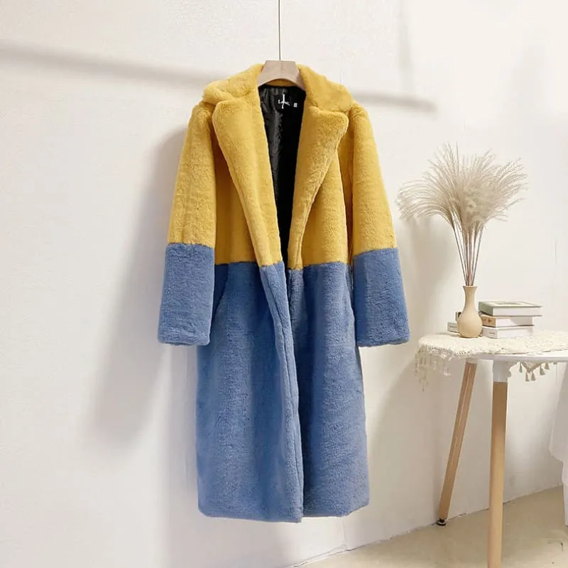 Faux Fur Coats For Women Turndown Collar Long Sleeves Casual Two Tone Stretch V Neck White Long Coat
