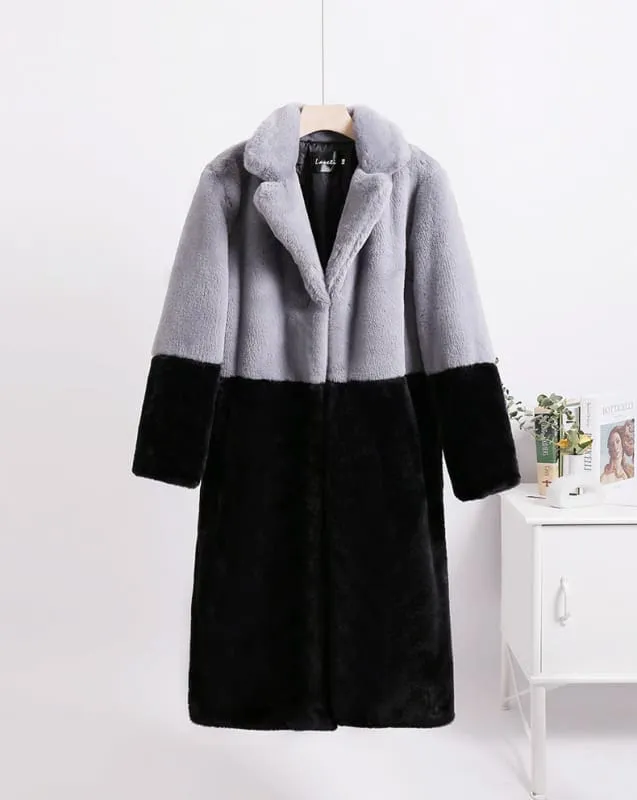 Faux Fur Coats For Women Turndown Collar Long Sleeves Casual Two Tone Stretch V Neck White Long Coat