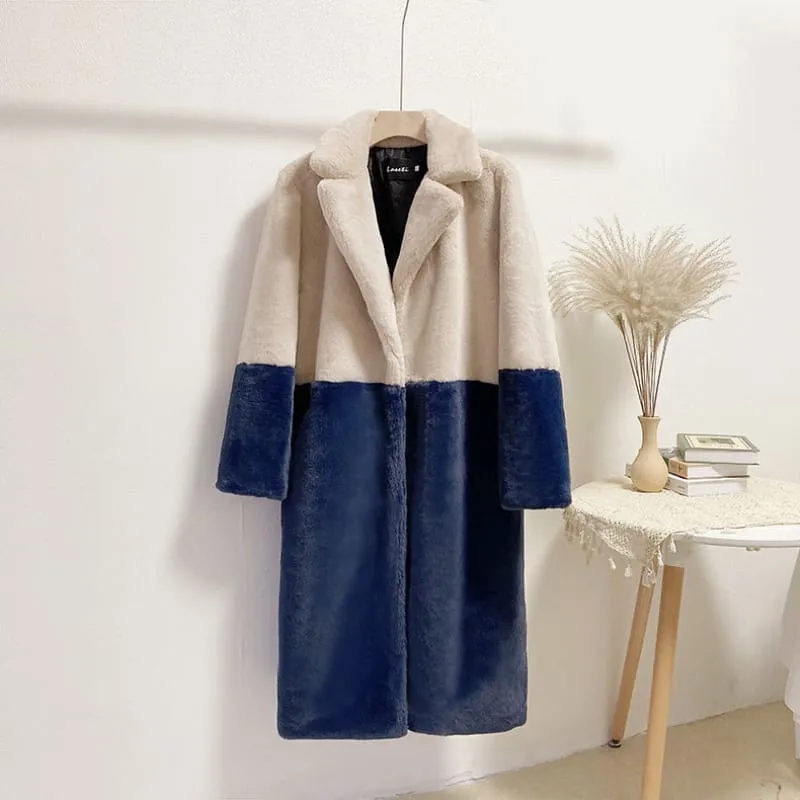 Faux Fur Coats For Women Turndown Collar Long Sleeves Casual Two Tone Stretch V Neck White Long Coat