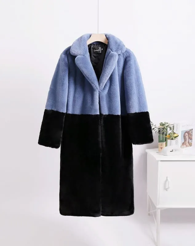 Faux Fur Coats For Women Turndown Collar Long Sleeves Casual Two Tone Stretch V Neck White Long Coat