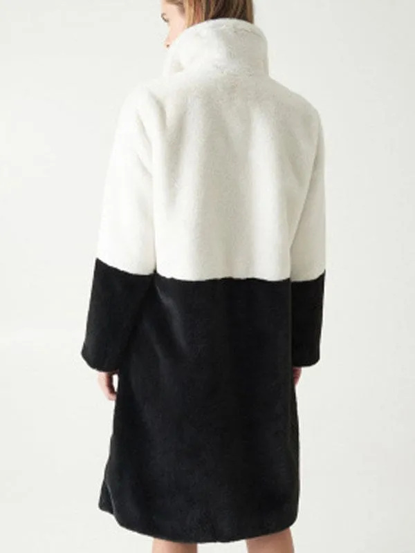 Faux Fur Coats For Women Turndown Collar Long Sleeves Casual Two Tone Stretch V Neck White Long Coat