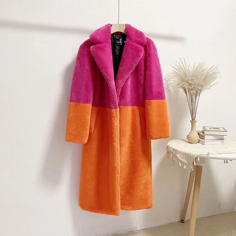 Faux Fur Coats For Women Turndown Collar Long Sleeves Casual Two Tone Stretch V Neck White Long Coat