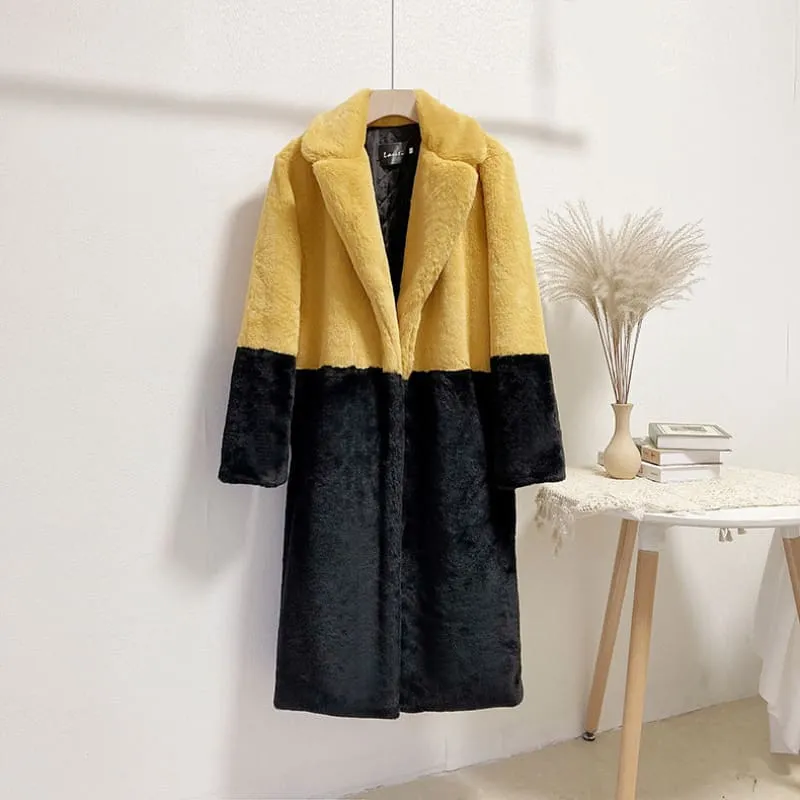Faux Fur Coats For Women Turndown Collar Long Sleeves Casual Two Tone Stretch V Neck White Long Coat
