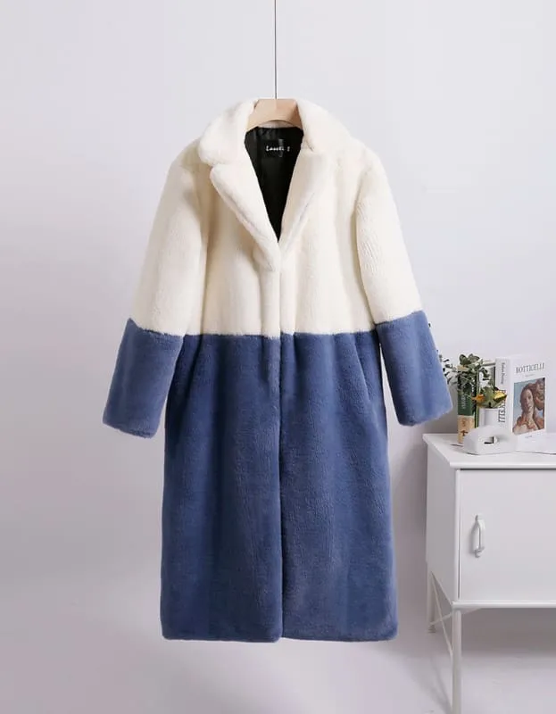 Faux Fur Coats For Women Turndown Collar Long Sleeves Casual Two Tone Stretch V Neck White Long Coat